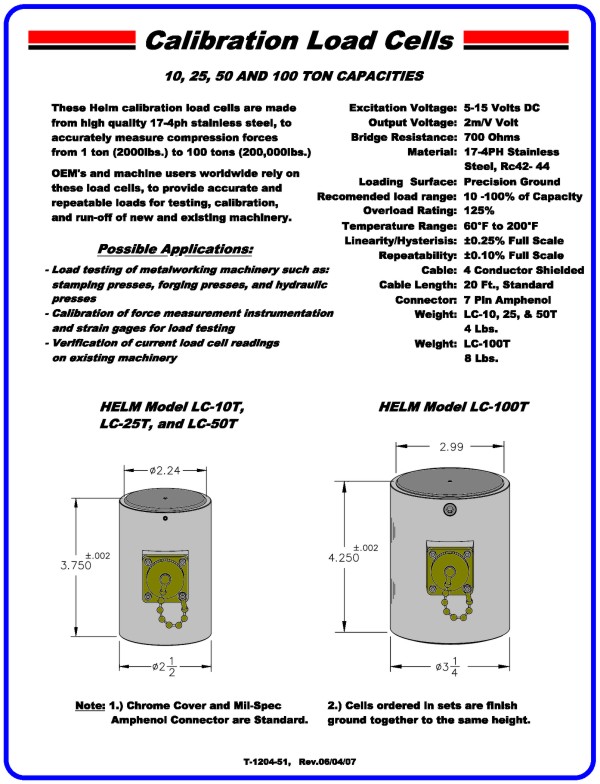 10, 25, 50, & 100 Ton Capacity Calibration Load Cell