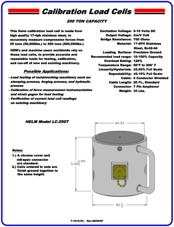 250 Ton Capacity Calibration Load Cell