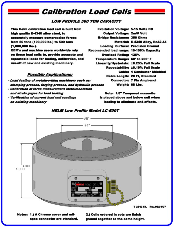 Low Profile 500 Ton Capacity Calibration Load Cell