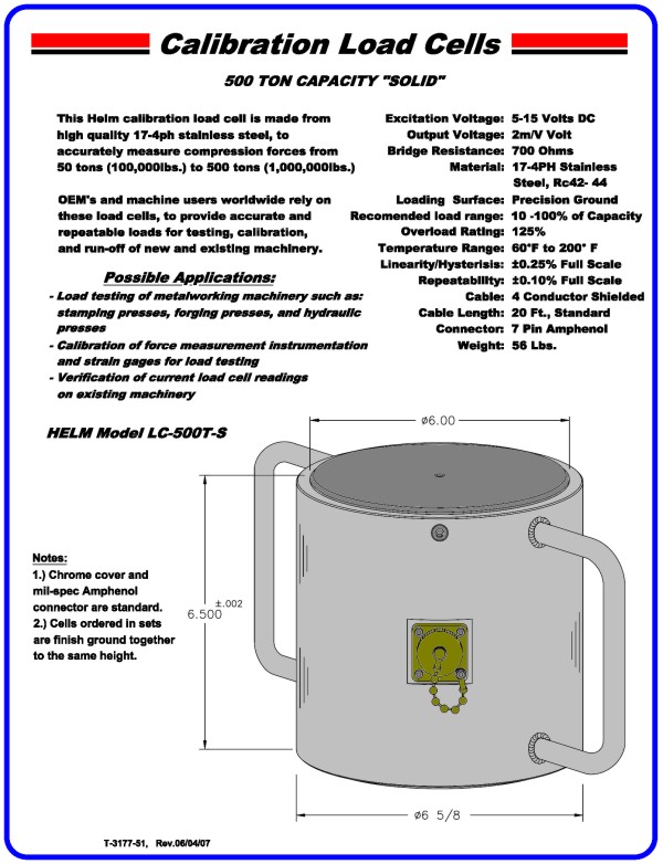 500 Ton Capacity "Solid" Calibration Load Cell